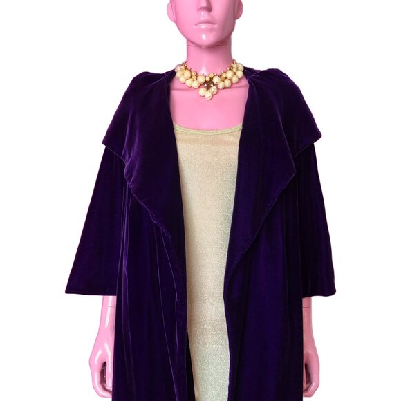 Vintage 60s Velvet Swing Coat Purple Cape Collar Satin Lining Open Front ILGWU